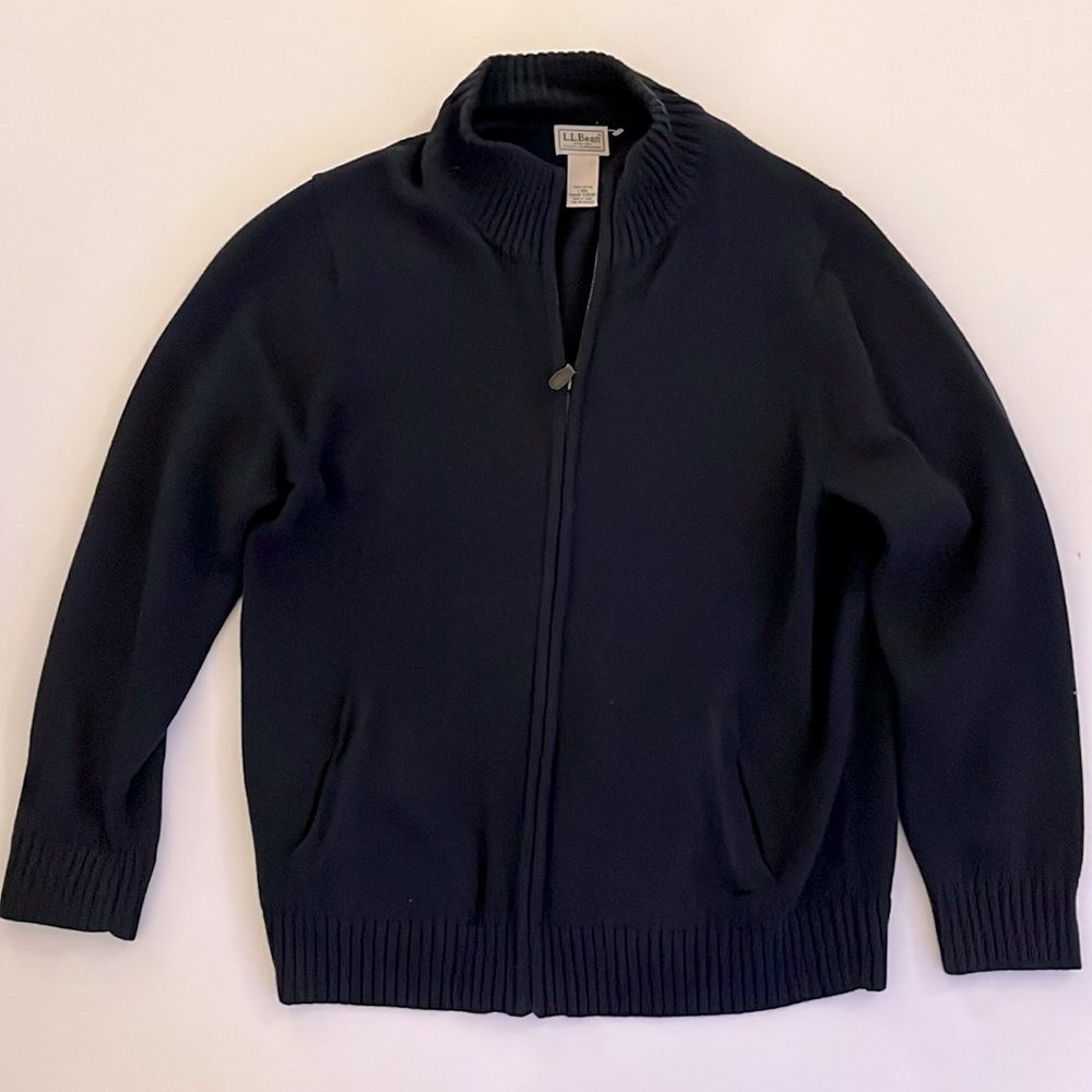 LL Bean Mens Large Full Zip Cardigan Sweater Navy 100% Cotton Pockets